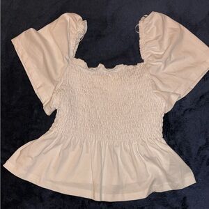 H&M white Smocked Blouse with Puff Sleeves